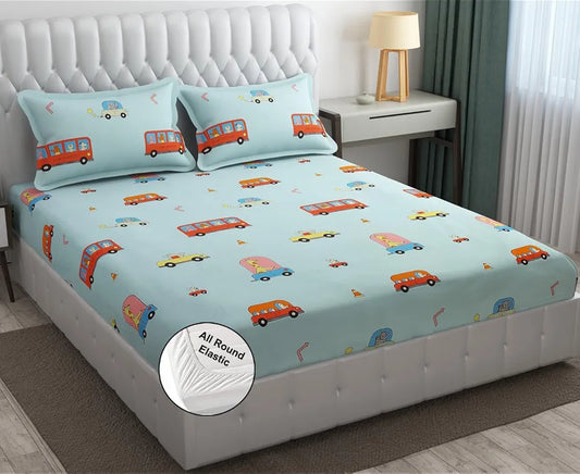 Fresh From Loom 300 TC Glace Cotton Soft Hypoallergenic Elastic Fitted Bed Sheet with 2 Pillow Cover Aqua Bus Queen