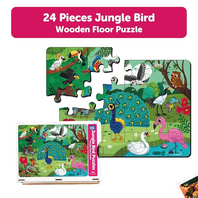 Mini Leaves 24 Piece Puzzle for Kids | Jungle Birds Wooden Jigsaw Floor Puzzle | Educational Toys for Kids