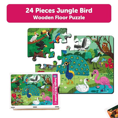Mini Leaves 24 Piece Puzzle for Kids | Jungle Birds Wooden Jigsaw Floor Puzzle | Educational Toys for Kids