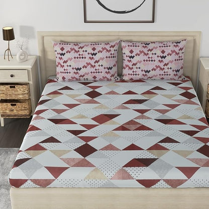 Huesland by Ahmedabad Cotton 186 TC Cotton Bedsheets for King Size Bed with 2 Pillow Covers | White, Brown & Brick