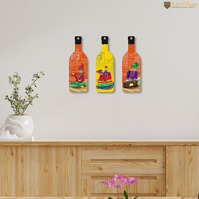 Artvibes Rajashtani Music Culture Wooden Wall Hanging for Home Decor | Set of 3