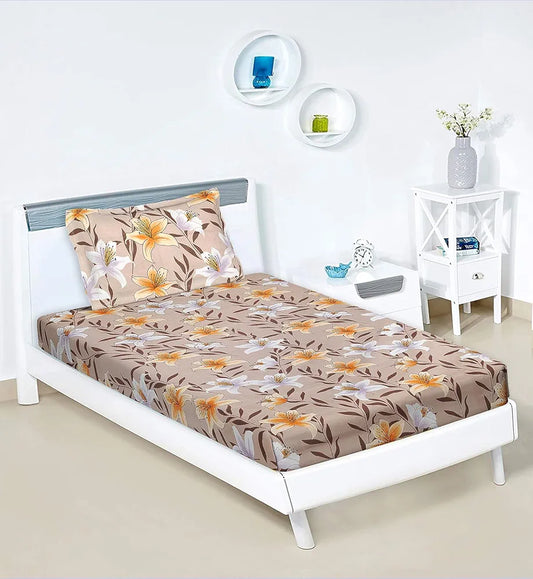 Kuber Industries Cotton Single Bedsheet with 1 Pillow Cover Flower Design Light Brown