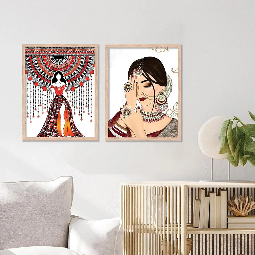 Kotart Indian Woman Digital Painting with Frame for Home Decoration Pack of 2 Design03