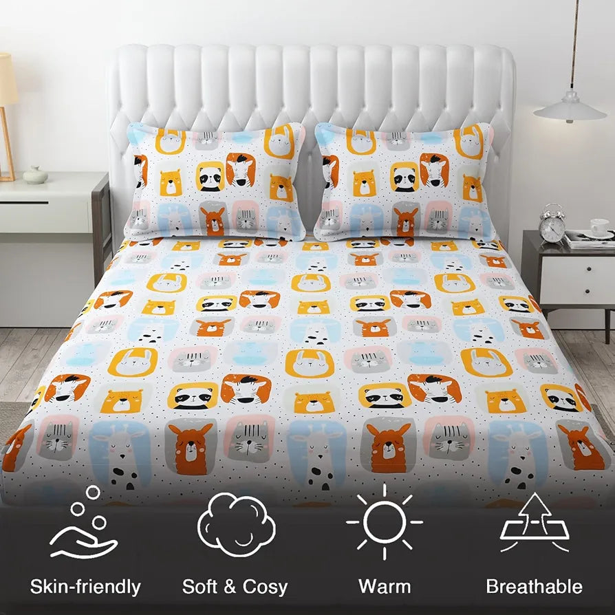Fresh From Loom Bed Sheet with 2 Pillow Cover Cartoon Printed Double Bed King Size Kids Bedsheet for Boys & Girls Room 144 TC Multi-Color 1