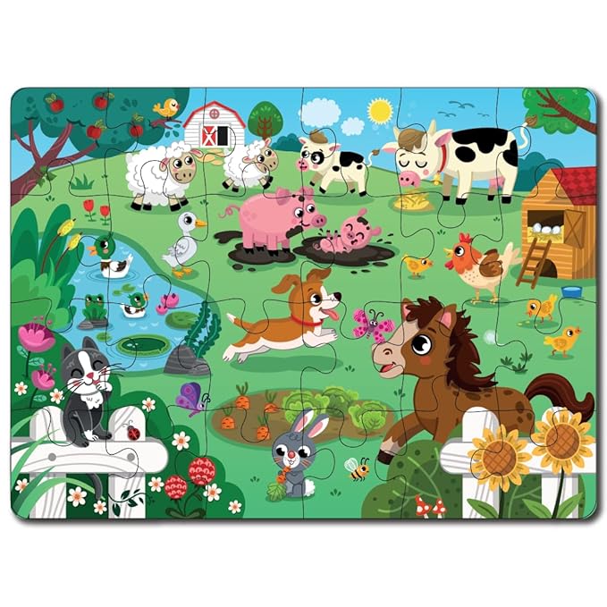 Mini Leaves 24 Pieces Farm Animal Puzzle | Premium Wooden Floor Puzzle for Kids 3+ Year | Puzzle Set With Wooden Box