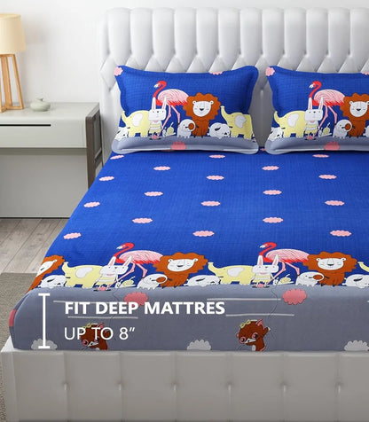 Fresh From Loom Elastic Fitted Cartoon Printed Bedsheets for Kids with 2 Pillow Jungle Blue Double Bed 300 TC