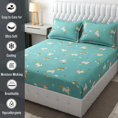 Fresh From Loom Cartoon Wrinkle Free Microfiber Bedsheet for Kids Multicolor 144 TC Teal