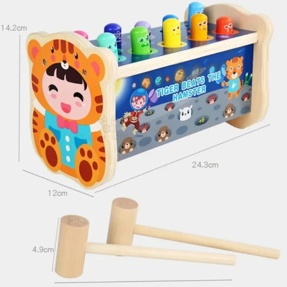 Trinkets & More Kids - Pounding Bench Hammer Toy Tiger Beats The Hamster Set 10 Pegs 2 Hammers 1 Year+ , Multicolor