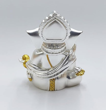 Gold Art India Matte Silver Plated Gaddi Ganesh Idol For Car Dashboard Small Ganesha Murti