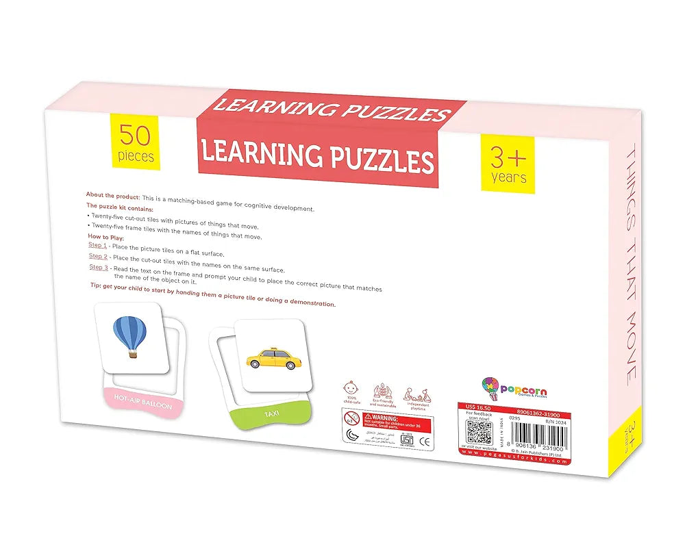 Popcorn Games & Puzzles Learning Puzzles Things That Move for Kids |Improves Focus, Memory,Logic & Fine Motor Skills with 50 Pieces