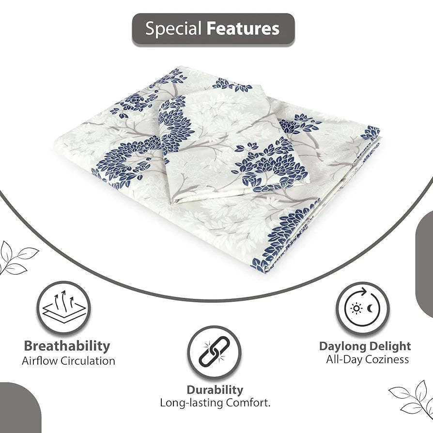 Divine Casa Bedsheet for Single Size Bed 144 TC Cotton Bedsheet for Single Size Bed with 1 Pillow Cover  Floral Colour Grey Blue