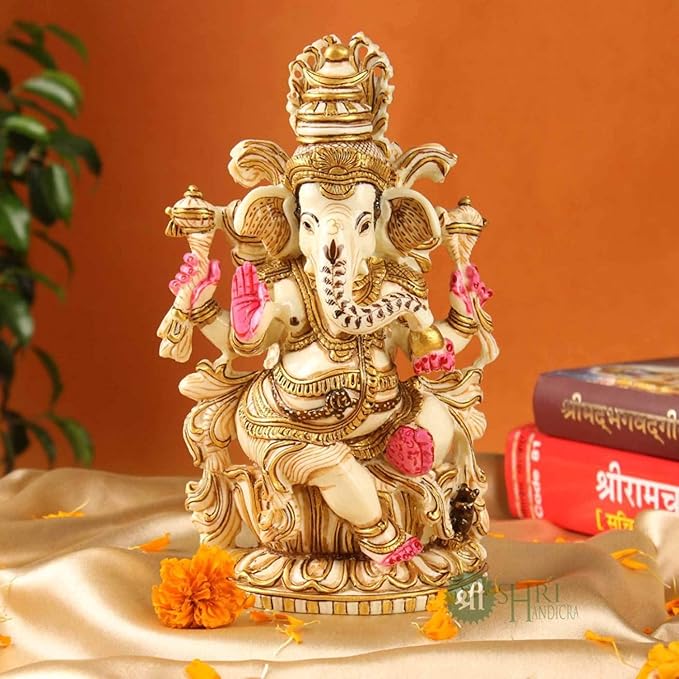 Indicast Resin 8" Inch Lord Ganesha Sitting Gold Painting Hindu God Ganesh Ganpati Idol Figurine | Home Office