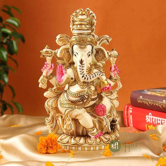 Indicast Resin 8" Inch Lord Ganesha Sitting Gold Painting Hindu God Ganesh Ganpati Idol Figurine | Home Office