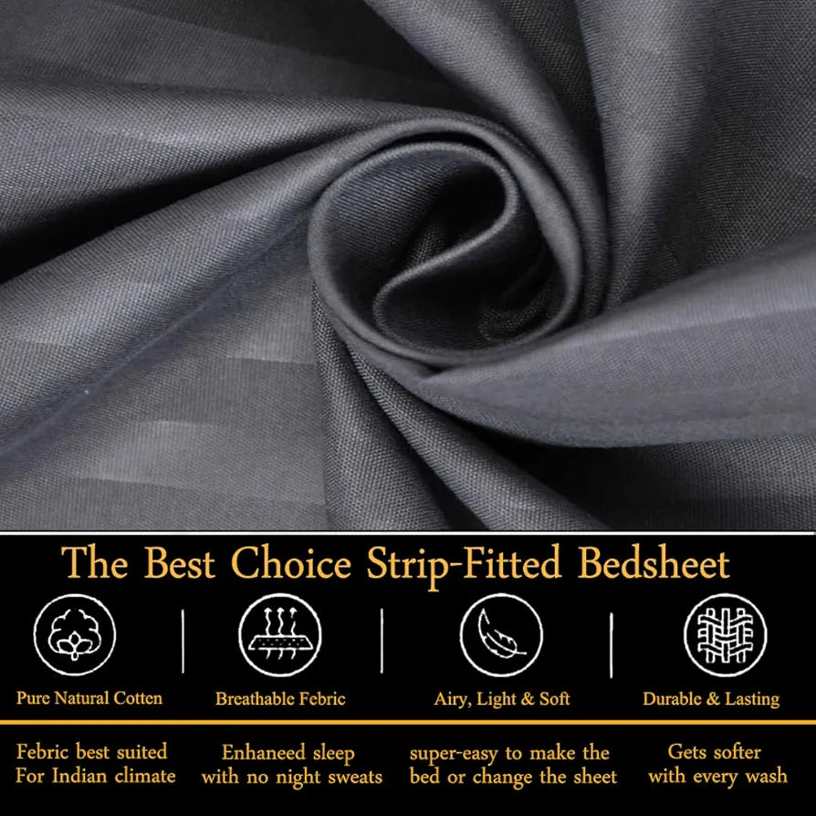 Fresh From Loom 240 TC Satin Striped Soft Fitted Bedsheet King Size Bed with Two Pillow Cover Grey