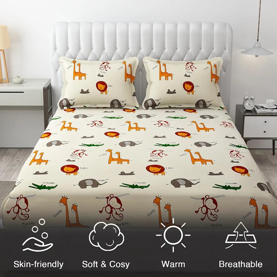 Fresh From Loom Bed Sheet with 2 Pillow Cover Cartoon Printed Double Bed King Size Bedsheet 144 TC Multi-Color 2