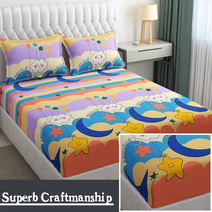 Fresh From Loom Wrinkle Free Glace Animal Print Cotton Bedsheet For Kids With Two Pillow Cover Multicolor 144 Tc Gud Night Multi Color