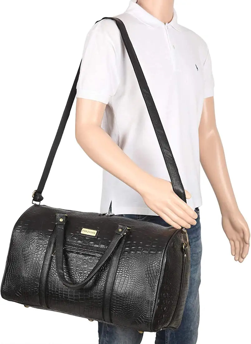 Fur Jaden Black Textured Leatherette Stylish & Spacious Weekender Duffle Bag for Travel for Men and Women