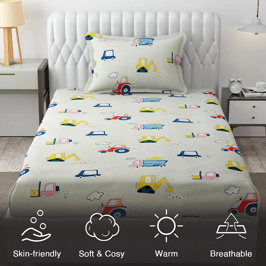 Fresh From Loom Glace Cotton Cartoon Printed Single Bedsheet With One Pillow Cover Kids Bedsheet 144 TC Cream
