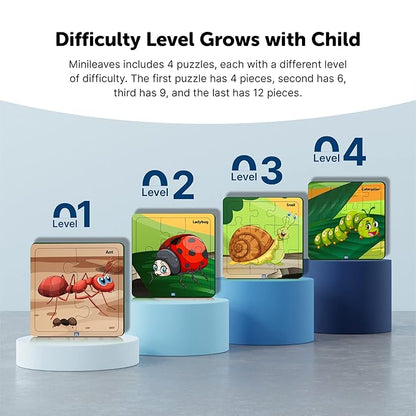 Mini Leaves Insects Themed 4-in-a-box Wooden Puzzles With 4, 6, 9, and 12 Pieces | Difficulty Level Grows With Kids