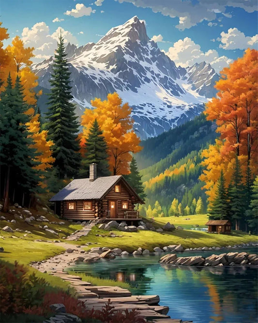 TREXEE DIY Mountain Paint by Numbers Kit for Adults & Kids Beginner Cabin Adult Paint by Number Kits On Canvas Mountain Acrylic Oil Painting Kit for Beginners Adults PNB 