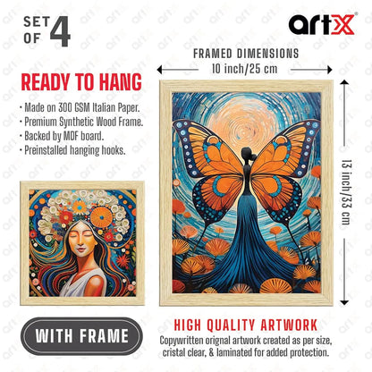 ArtX Paper Women Self Love Butterfly Art Paintings BohoWomen-SO4-01 with Frame Set of 4