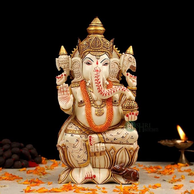Indicast Resin 8" Inch Lord Ganesha Fine Painting Hindu God Ganesh Ganpati Idol Figurine | Home & Office
