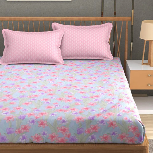 Fresh From Loom Floral XXL Microfiber Soft Cotton 240 TC King Size Hypoallergenic Bedsheet for Double Bed with 2 Pillow Cover Tropical Blue