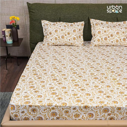 Urban Space Serene Bedsheet for Double Bed 2 Pillow Covers (Colour Guldaudi Floral Brown)