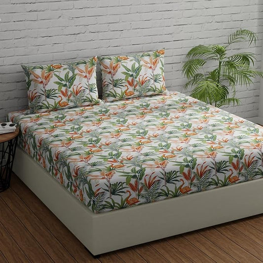 Huesland by Ahmedabad Cotton 144 TC Cotton Bedsheet for Double Bed King Size with 2 Pillow Covers | Flamingos Orange
