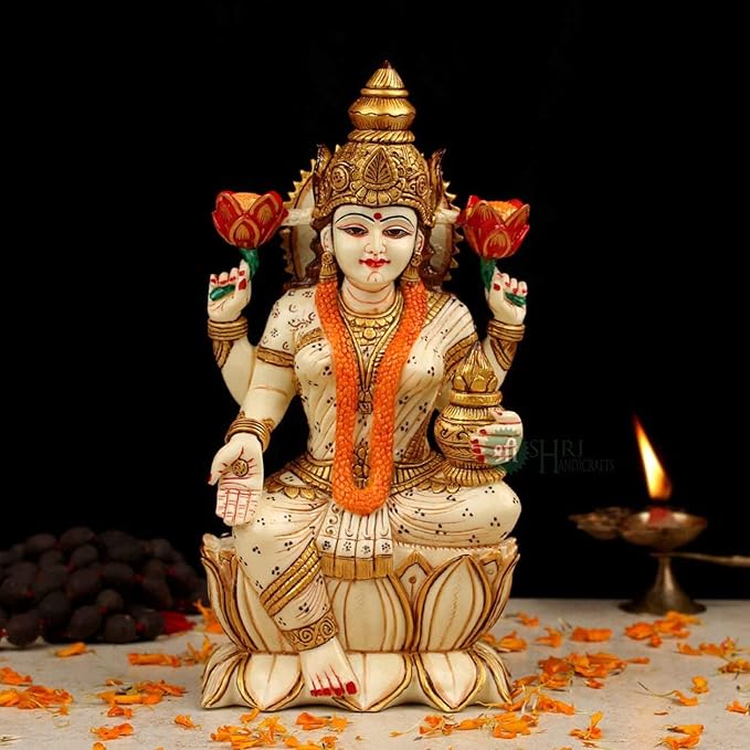 Indicast Resin 8" Inch Lakshmi Fine Painting Goddess Laxmi Idol Diwali Puja Vastu Figurine Gift Article for Home Office
