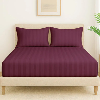 Cloth Fusion Elastic Fitted Glace Cotton Satin Striped Bedsheet Queen Size with 2 Pillow Covers Wine