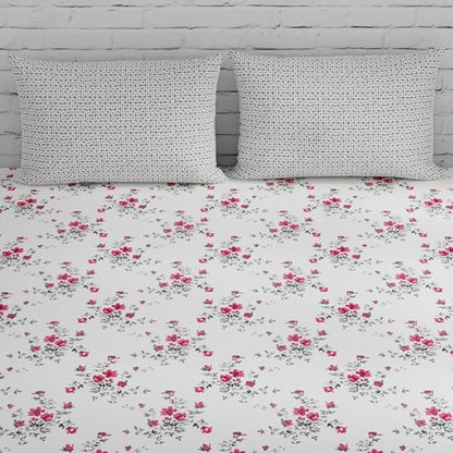 Huesland by Ahmedabad Cotton 144 TC King Size Bedsheet Cotton with 2 Pillow Covers | White, Light Coral & Grey