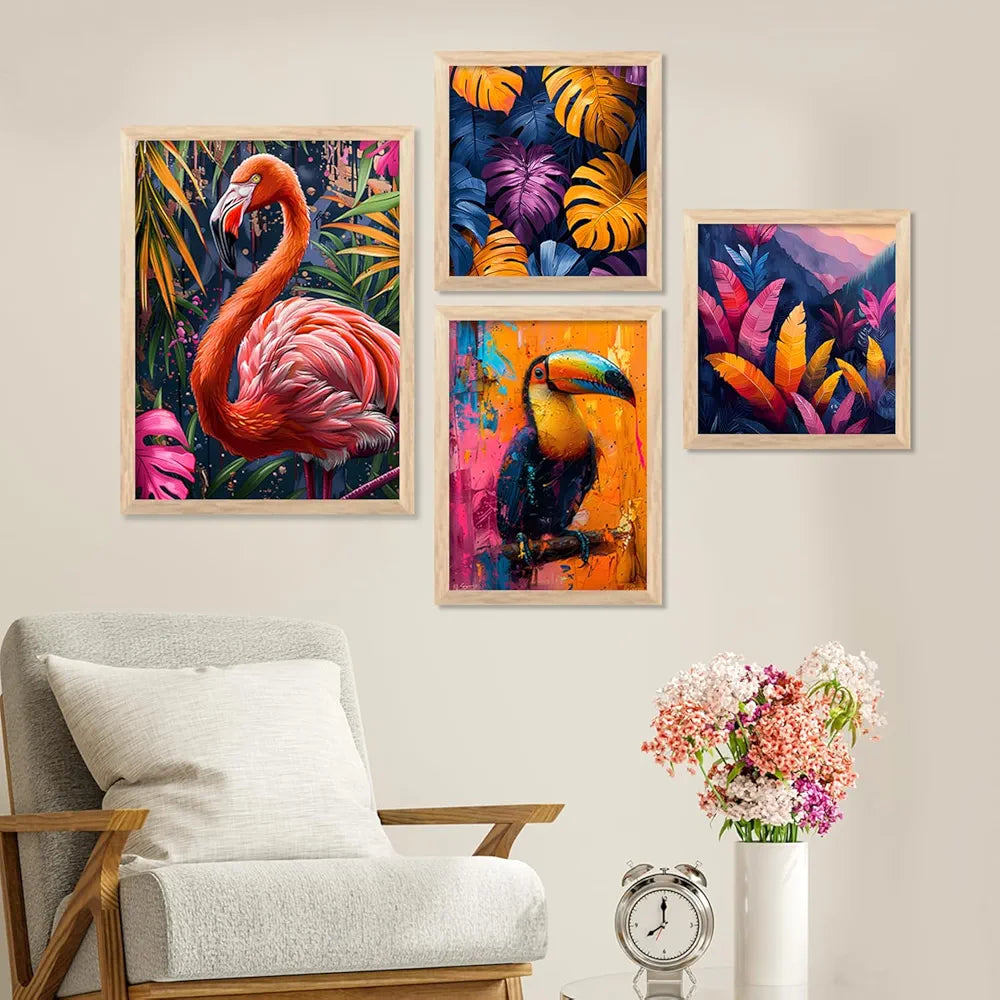 Kotart Nature Inspired Beautiful Flamingo and Botanical Leaf Paintings of 4 frames H