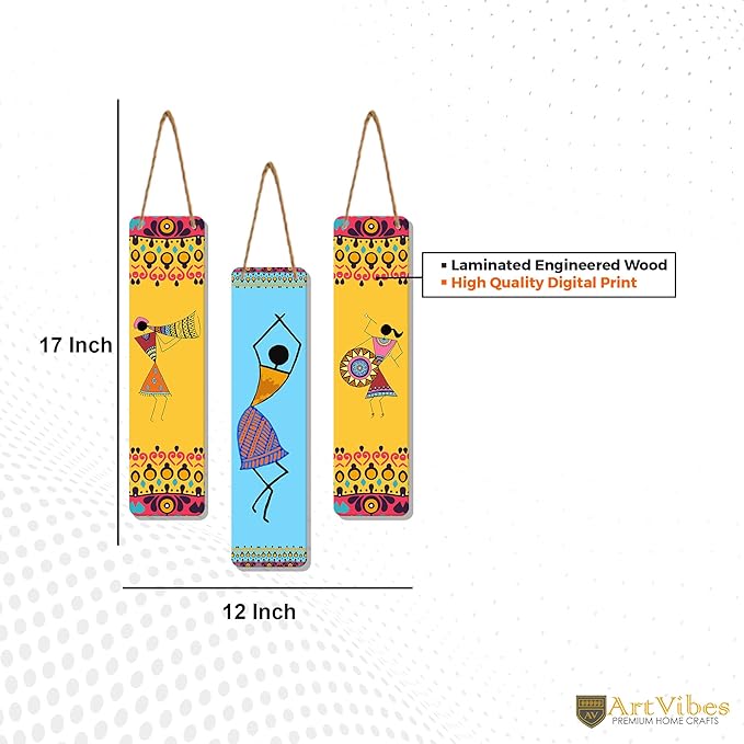 Artvibes African Warli Art Designer Wooden Wall Hanging Decoration Items for Home | Set of 3