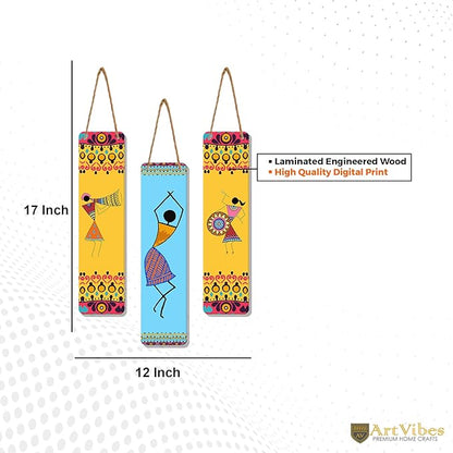 Artvibes African Warli Art Designer Wooden Wall Hanging Decoration Items for Home | Set of 3