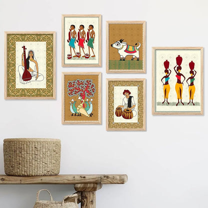 Kotart Gond Art Premium Digital Paintings with Frame Floral Painting Pack of 6 art6