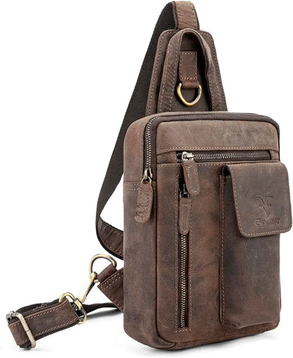 Goatter Genuine Leather Chest Crossbody Sling Backpack Bag Travel Bike Gym Daypack for Men And Women