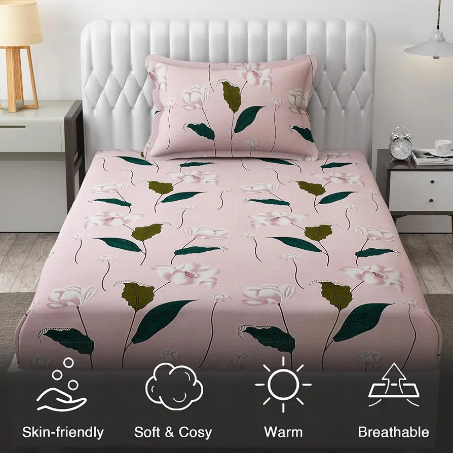 Fresh From Loom Single Bedsheet for Single Bed Floral Design Bed Spread with 1 Pillow Covers Multicolor 144 TC Flamingo