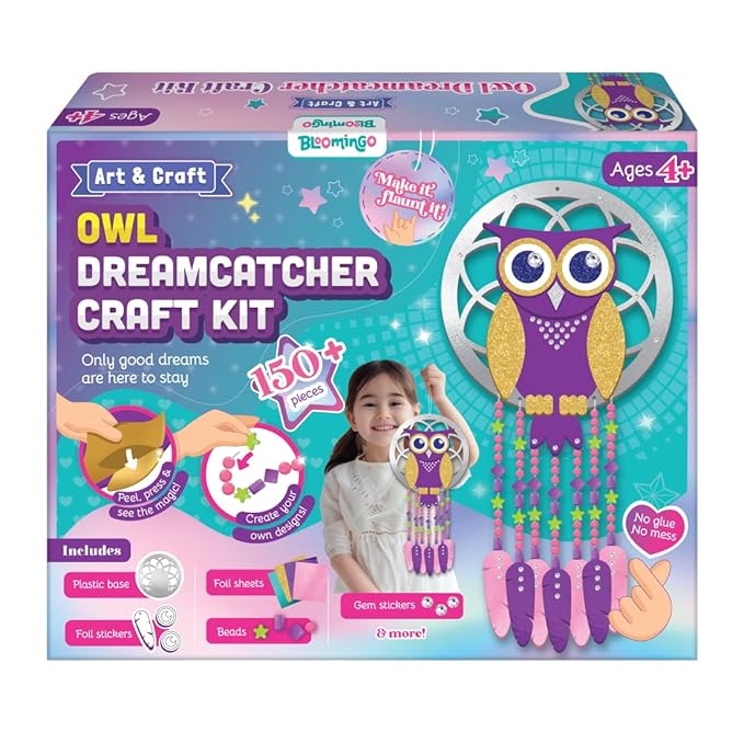Bloomingo Art & Craft Kit - Owl Dreamcatcher | Fun Diy Dream Catcher Kit for Kids | Themed Dream Catcher With Fun Foil Stickers