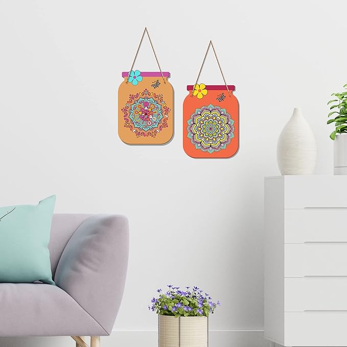 Artvibes Mandala Pattern Decorative Wall Art Mdf Wooden Wall Hanger for Living Room | Set of 2