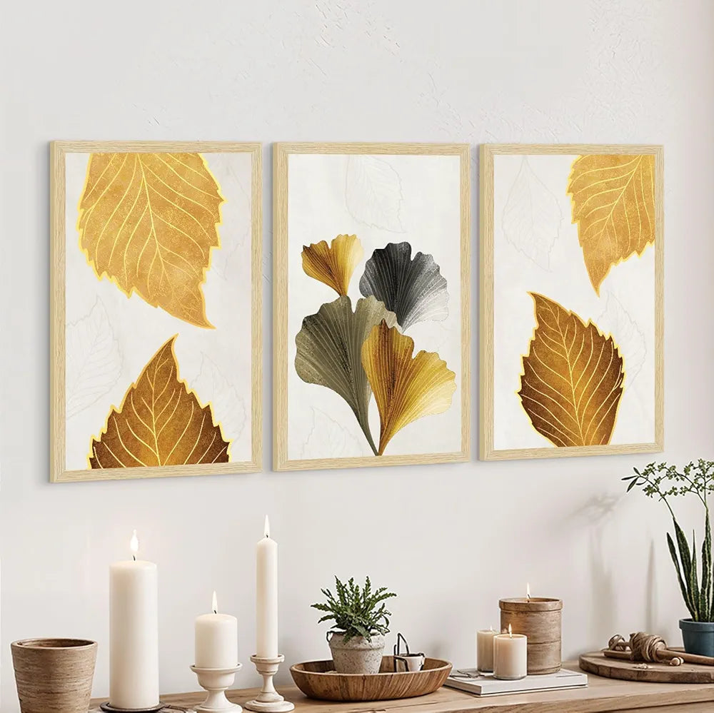 ArtX Paper Modern Art Wall Painting Big Size Leaves Framed Set Of 3