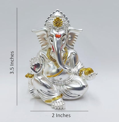 Gold Art India Matte Silver Plated Gaddi Ganesh Idol For Car Dashboard Small Ganesha Murti