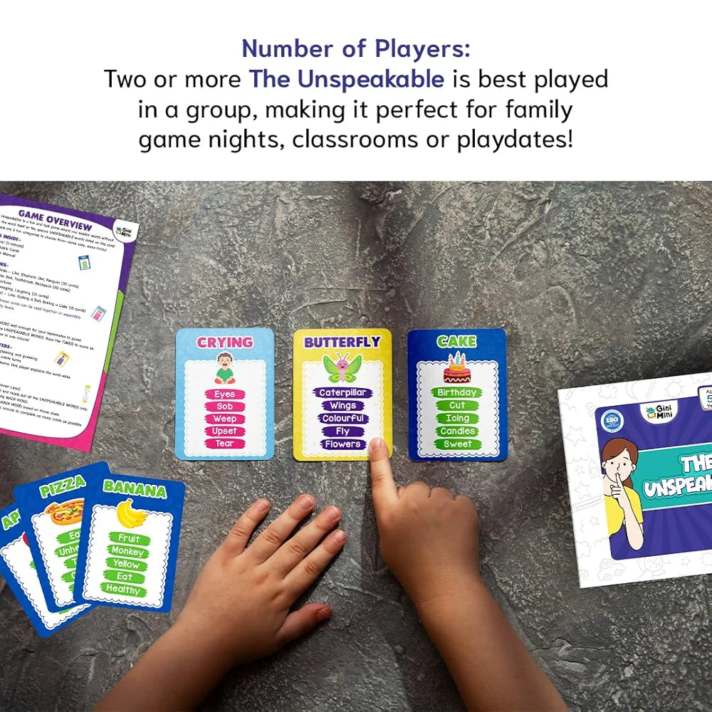 GiniMini The Unspeakable Word Guessing Game for Kids Aged 5 Plus Fast-Paced Educational and Party Game 90 Cards One Minute Sand Timer and Manual Improves Vocabulary Communication and Thinking Skills