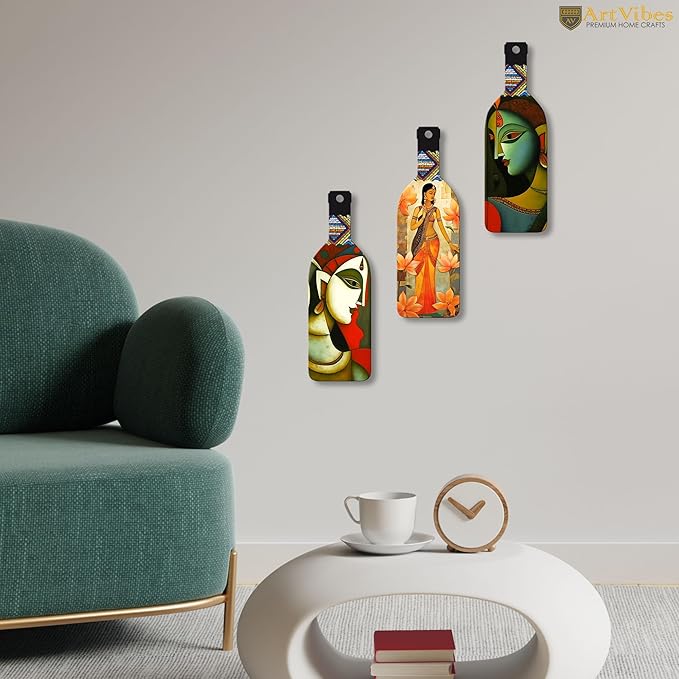 Artvibes Abstract Art Beautiful Woman Wooden Wall Hanging for Home Decor | Set of 3