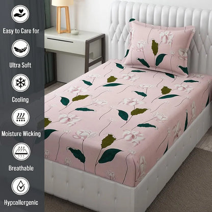 Fresh From Loom Single Bedsheet for Single Bed Floral Design Bed Spread with 1 Pillow Covers Multicolor 144 TC Flamingo