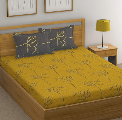 Huesland by Ahmedabad Cotton 144 TC Cotton King Size Bedsheet with 2 Pillow Covers - Yellow and Grey