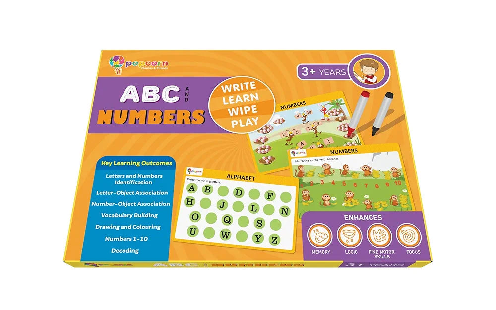 Popcorn Games & Puzzles ABC and Numbers | Reusable Activity Mats with 2 Marker Pens | Gifts & Creative Learning for Ages 3-6