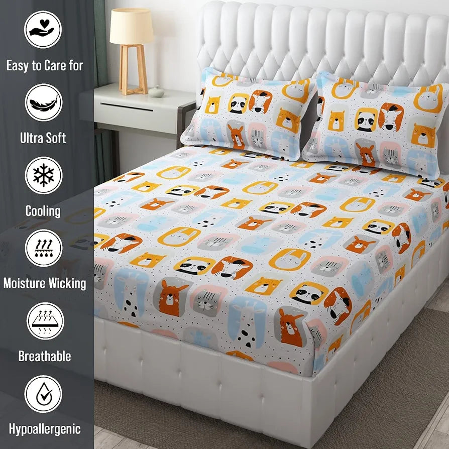 Fresh From Loom Bed Sheet with 2 Pillow Cover Cartoon Printed Double Bed King Size Kids Bedsheet for Boys & Girls Room 144 TC Multi-Color 1