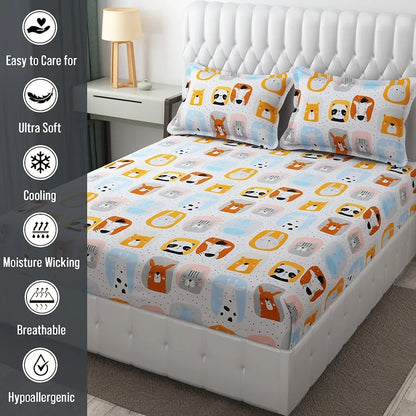 Fresh From Loom Bed Sheet with 2 Pillow Cover Cartoon Printed Double Bed King Size Kids Bedsheet for Boys & Girls Room 144 TC Multi-Color 1