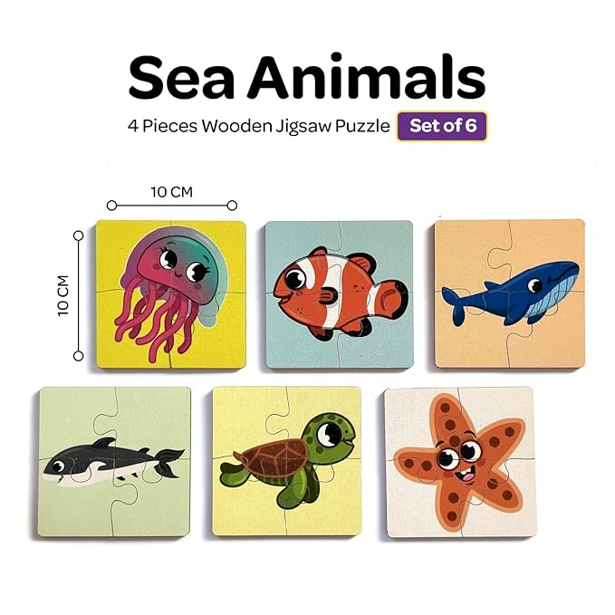 Mini Leaves 4 Piece Wooden Puzzle for Kids | Set of 6 Sea Animals Jigsaw Puzzle | Educational Puzzle Game